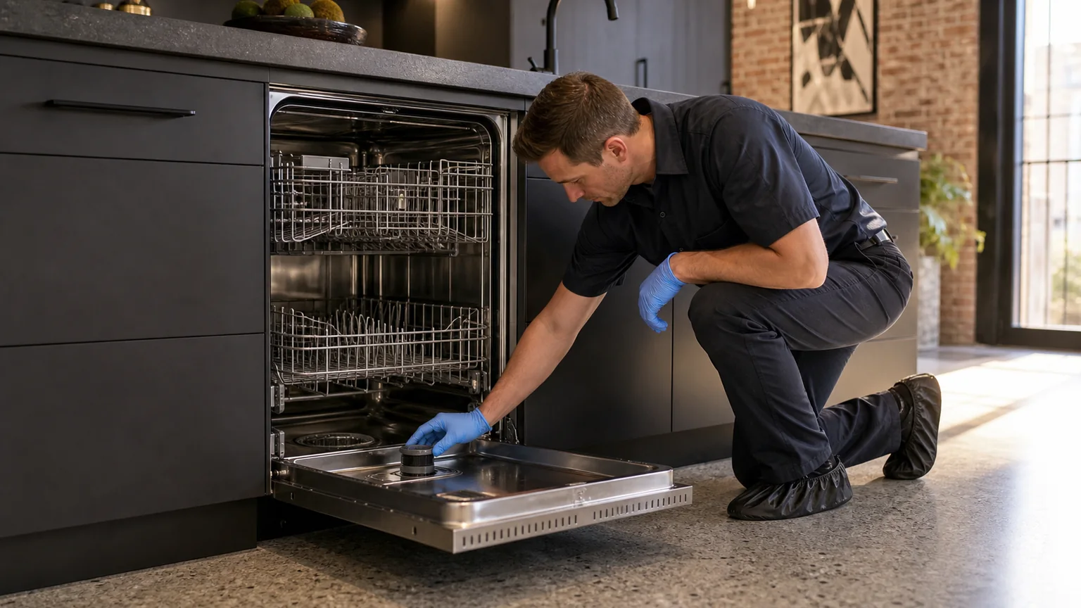 Panel-ready dishwasher prepared for a professional diagnostic visit